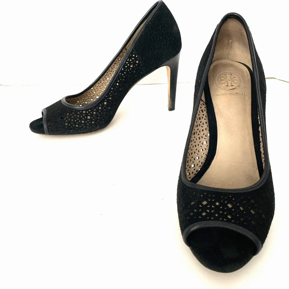 Tory Burch Elinor 90mm Pump Kid Suede Peep Toe Laser Cut Black Slim Heel 5.5